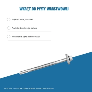 Wkręt do płyty warstwowej Info-GLOBAL AR12 W CSG 5,5/6,3×90 mm, bez lakieru, 100 szt.